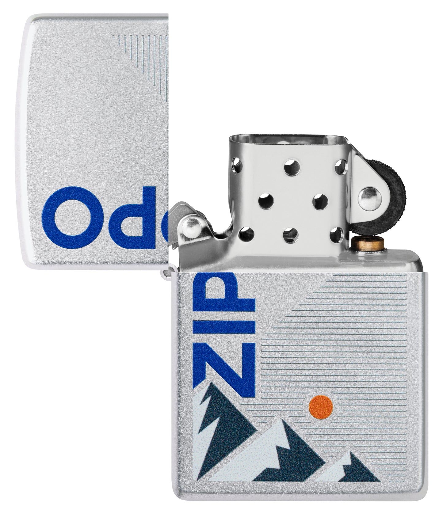 Zippo Mountain Design Satin Chrome Windproof Lighter with its lid open and unlit.