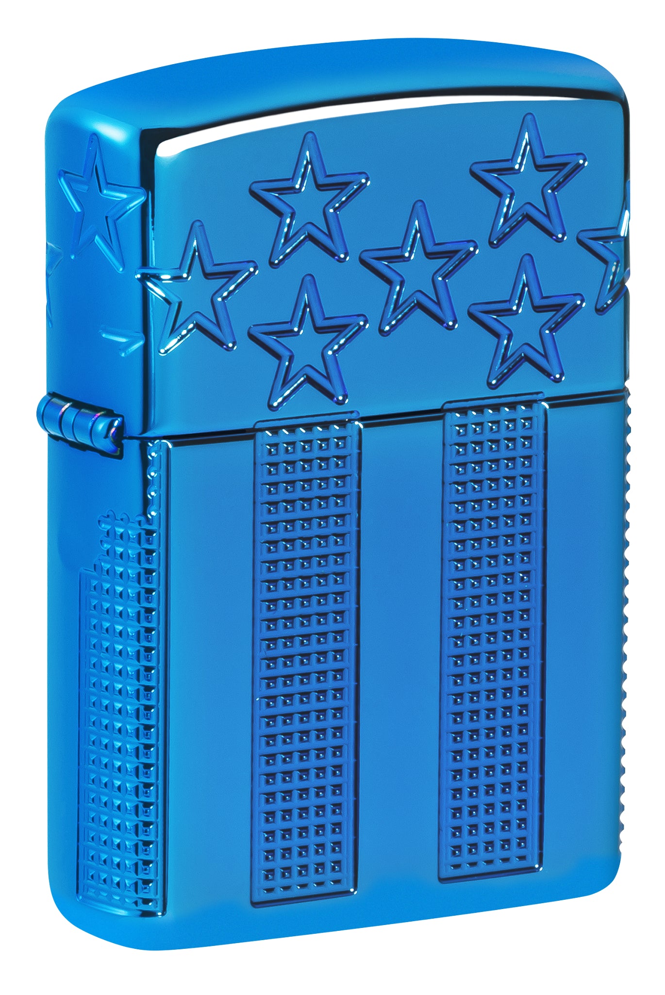 Front shot of Zippo Stars and Stripes Design Armor® High Polish Blue Windproof Lighter standing at a 3/4 angle.
