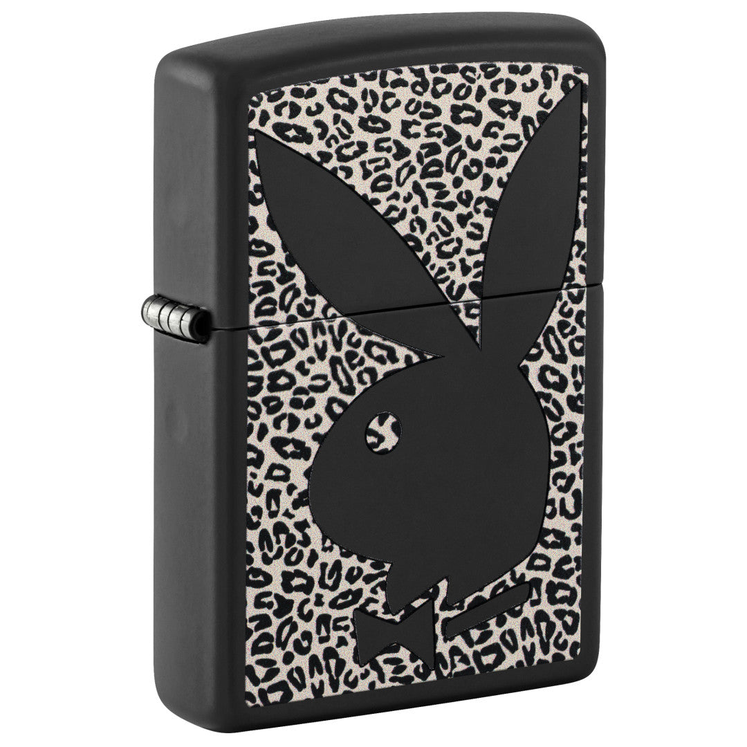 Front shot of Zippo Playboy Cheetah Print Design Black Matte Windproof Lighter standing at a 3/4 angle.
