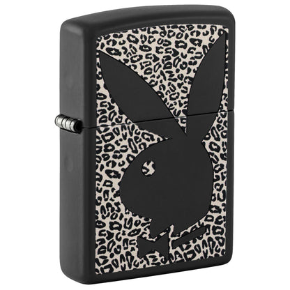 Front shot of Zippo Playboy Cheetah Print Design Black Matte Windproof Lighter standing at a 3/4 angle.