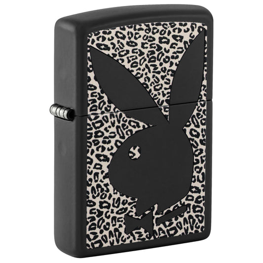 Front shot of Zippo Playboy Cheetah Print Design Black Matte Windproof Lighter standing at a 3/4 angle.