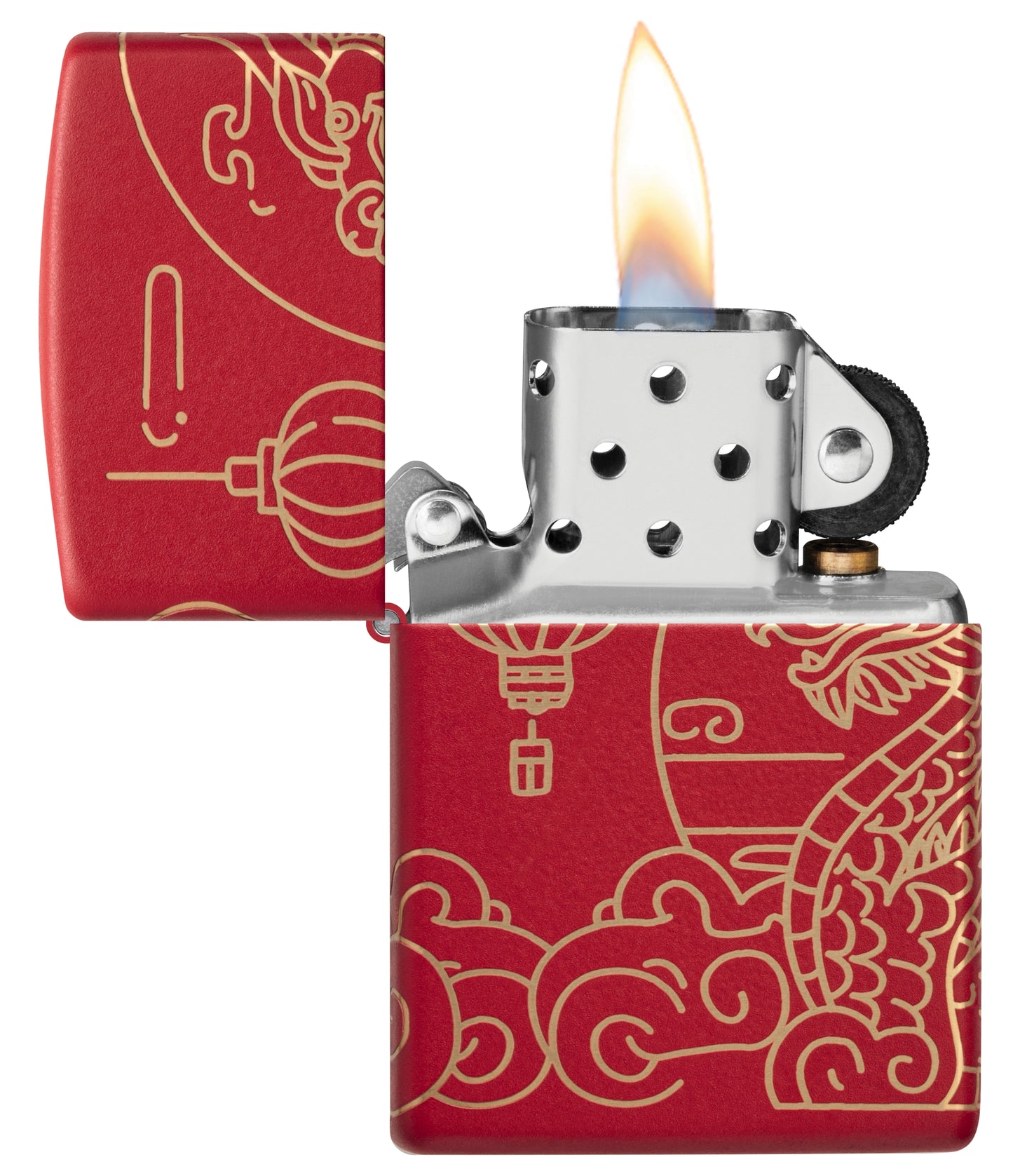 Zippo Chinese New Year Design Red Matte Windproof Lighter with its lid open and lit.