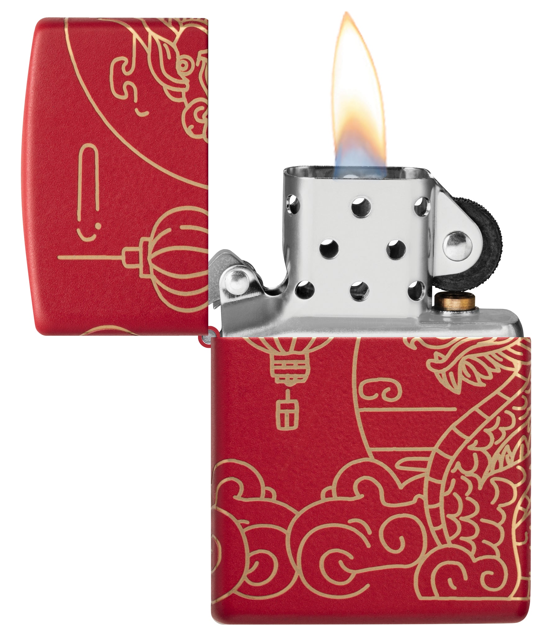 Zippo Chinese New Year Design Red Matte Windproof Lighter with its lid open and lit.