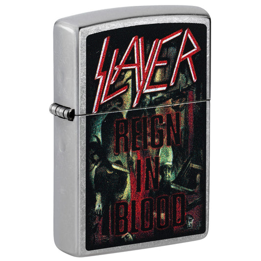 Front shot of Zippo Slayer Reign in Blood Design Street Chrome Windproof Lighter standing at a 3/4 angle.