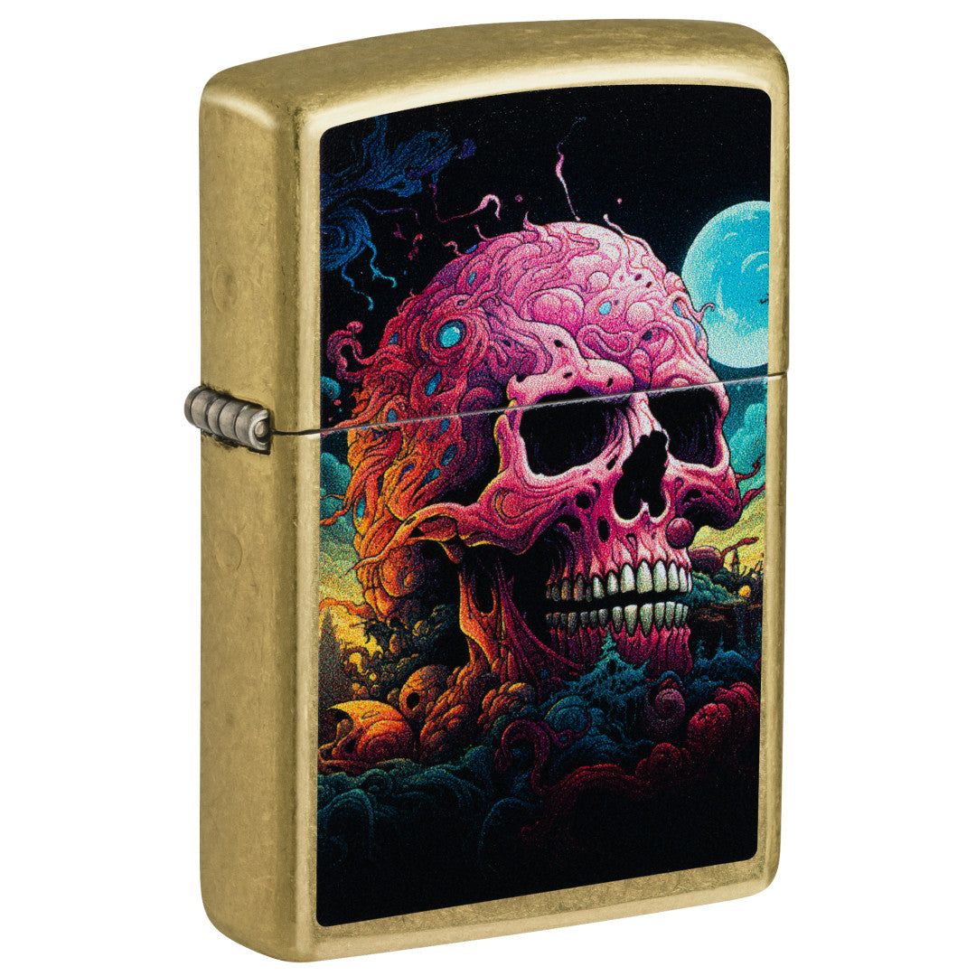 Front shot of Zippo Cosmic Skull Design Street Brass Windproof Lighter standing at a 3/4 angle.