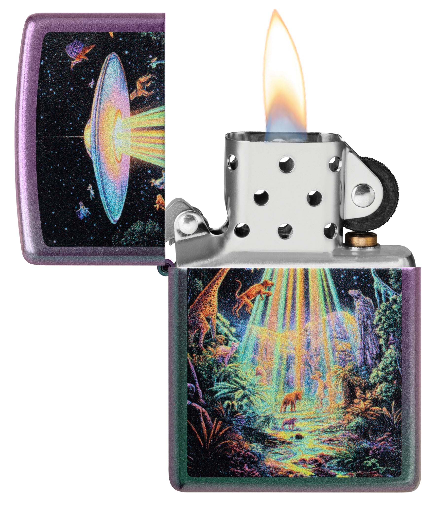 Zippo Animal Abduction Design Iridescent Windproof Lighter with its lid open and lit.