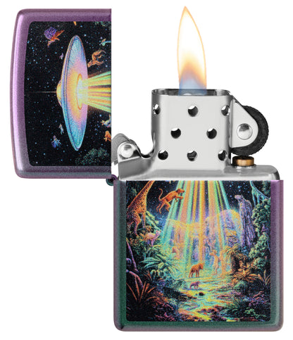 Zippo Animal Abduction Design Iridescent Windproof Lighter with its lid open and lit.