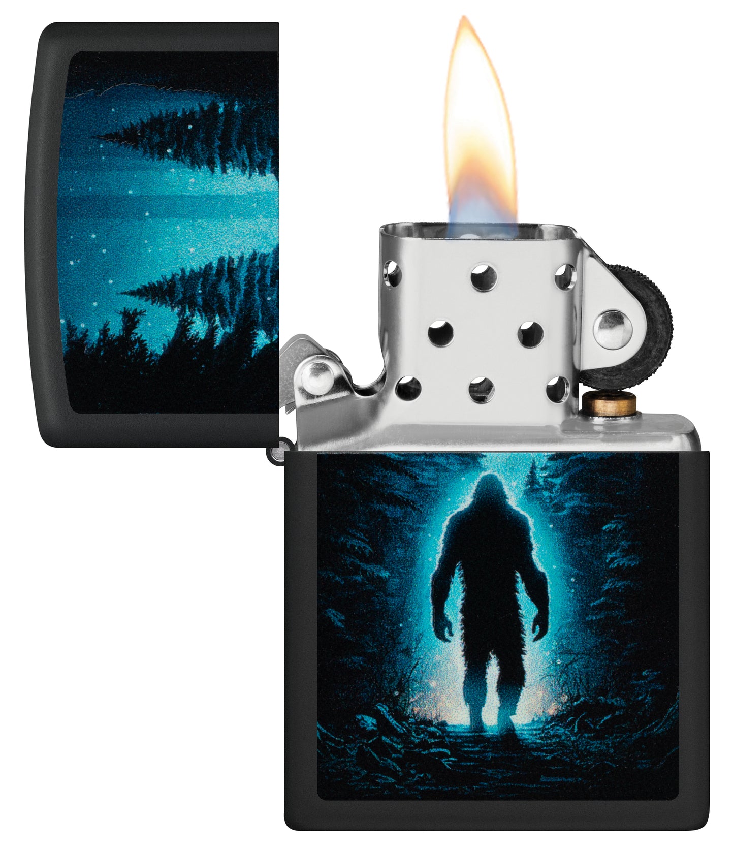 Zippo  Ultra Squatch Design Black Matte Windproof Lighter with its lid open and lit.