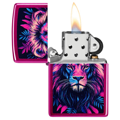 Zippo Multicolor Lion Design Candy Raspberry Windproof Lighter with its lid open and lit.