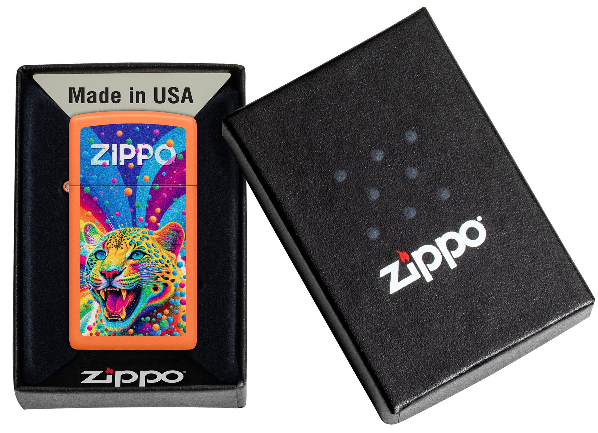 Zippo Leopard Design Slim Orange Matte Windproof Lighter in its packaging.