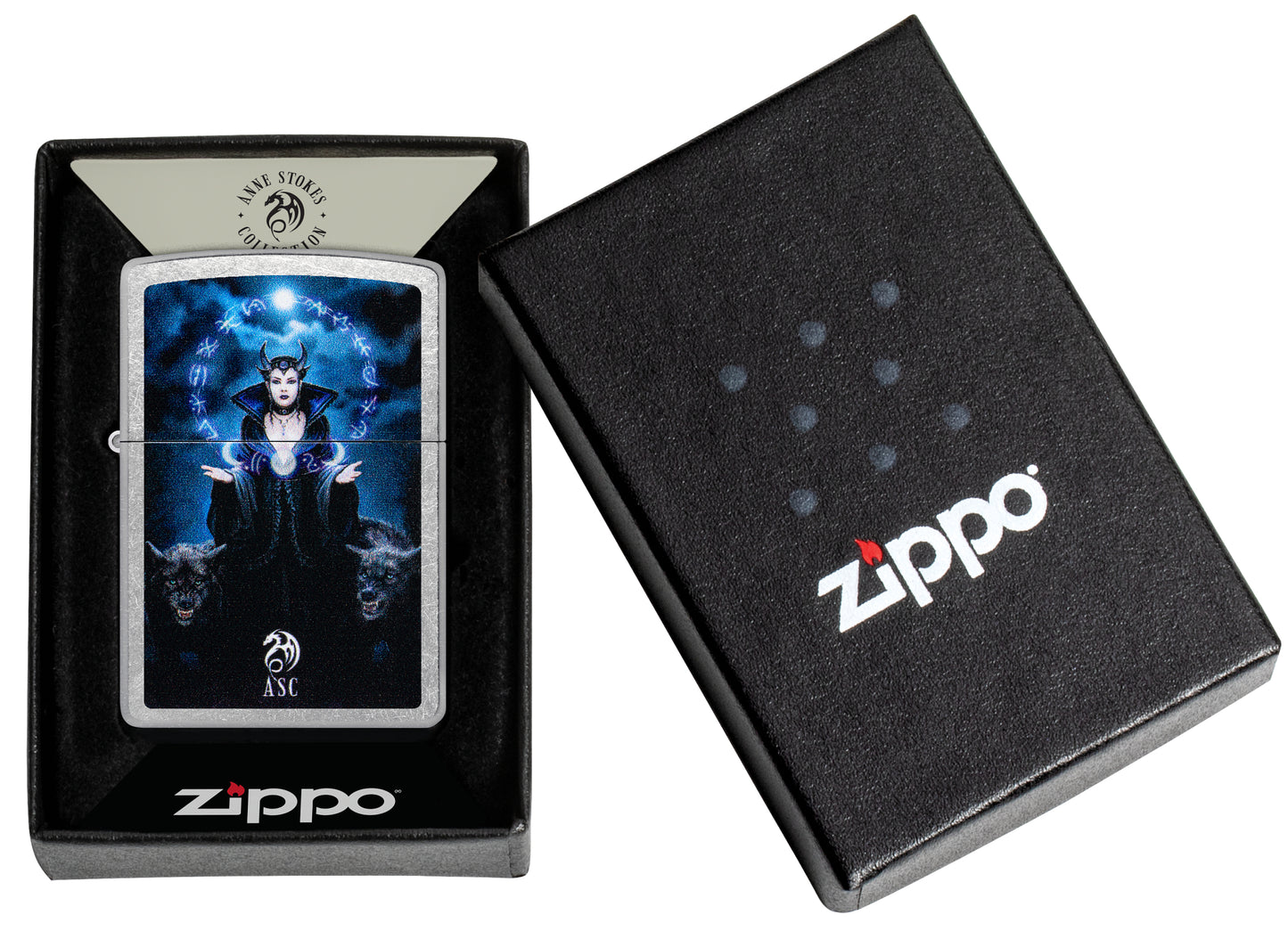 Zippo Anne Stokes Moon Witch Design Street Chrome Windproof Lighter in its packaging.