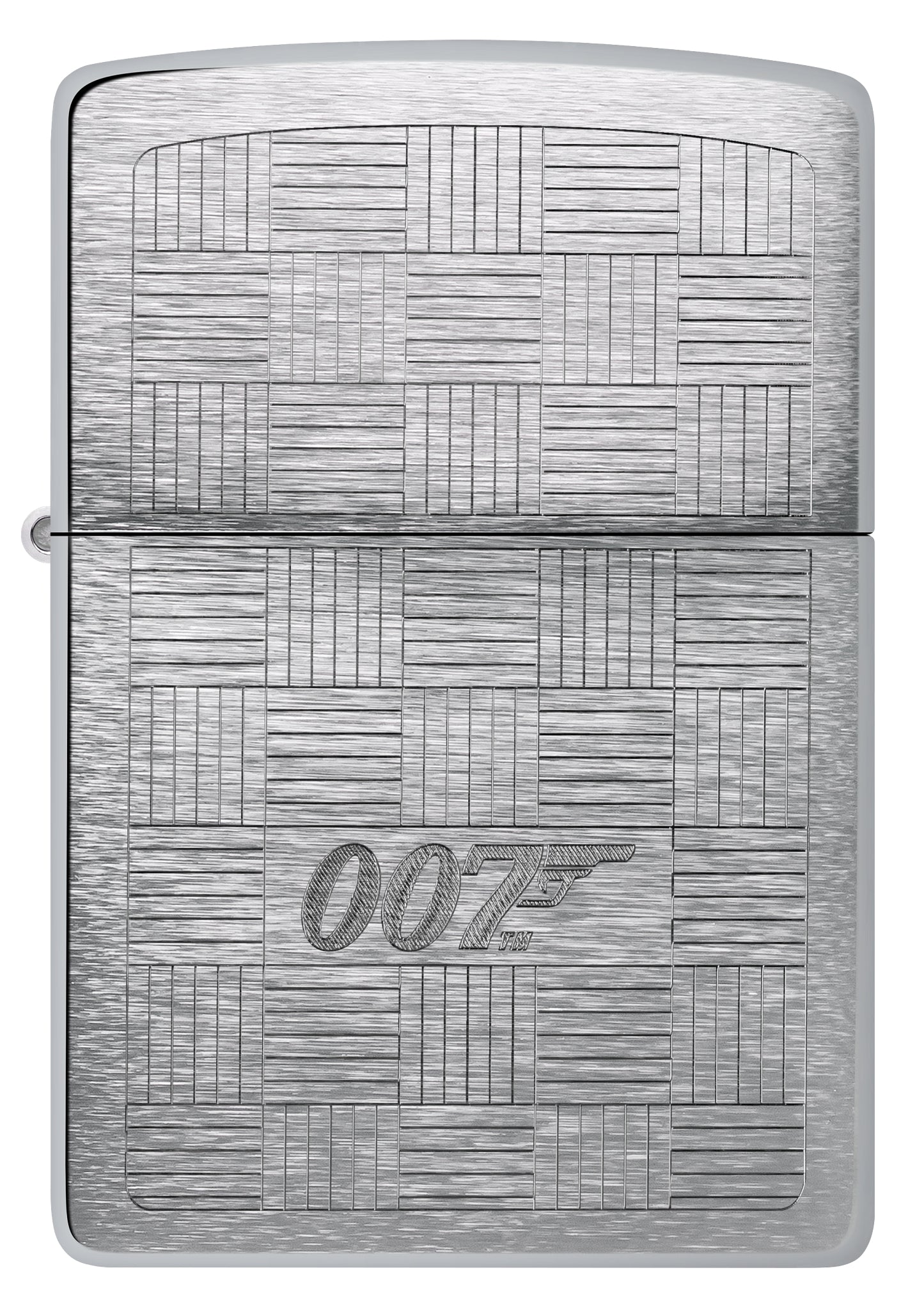Front view of Zippo James Bond® Tuxedo Design Brushed Chrome Windproof Lighter.