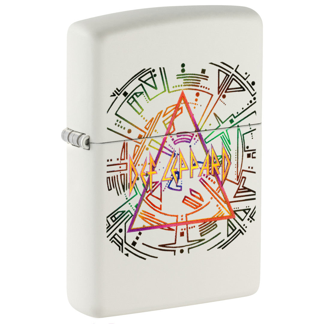Front shot of Zippo Def Leppard Glowing Hysteria Design Glow in the Dark Green Windproof Lighter standing at a 3/4 angle.