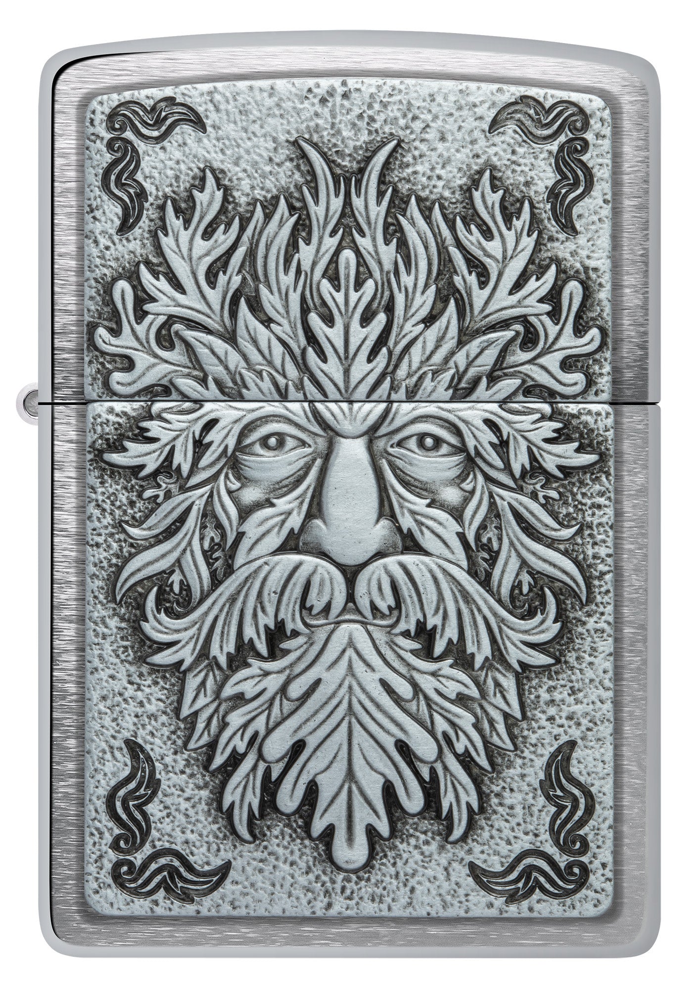 Front shot of Zippo Greenman Emblem Brushed Chrome Windproof Lighter.