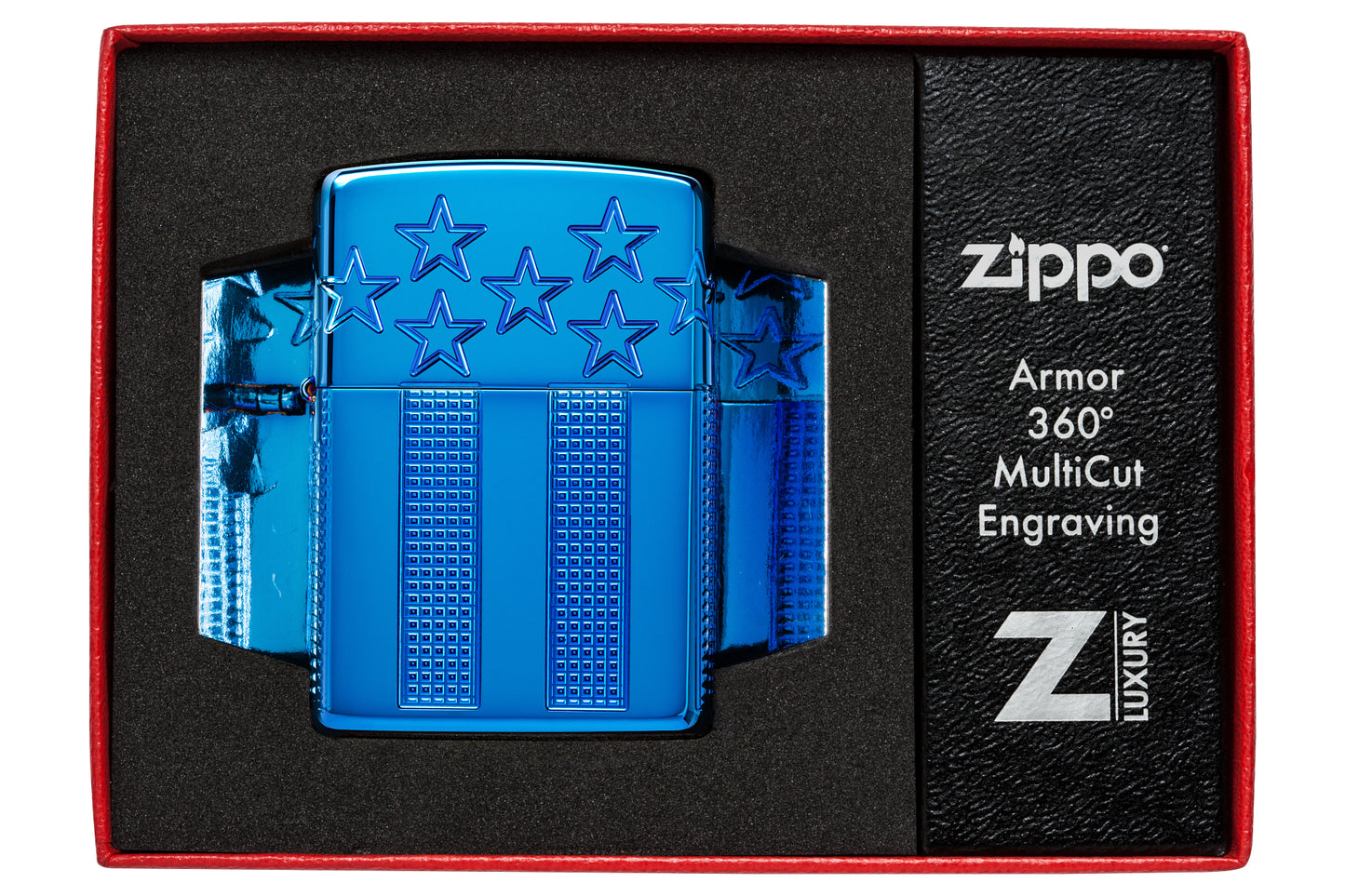 Zippo Stars and Stripes Design Armor® High Polish Blue Windproof Lighter in its packaging.