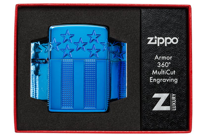 Zippo Stars and Stripes Design Armor® High Polish Blue Windproof Lighter in its packaging.