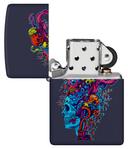 Zippo Skull Reef Design Navy Matte Windproof Lighter with its lid open and unlit.