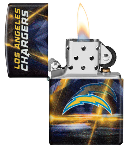 Zippo NFL Los Angeles Chargers 540 Matte Windproof Lighter with its lid open and lit.