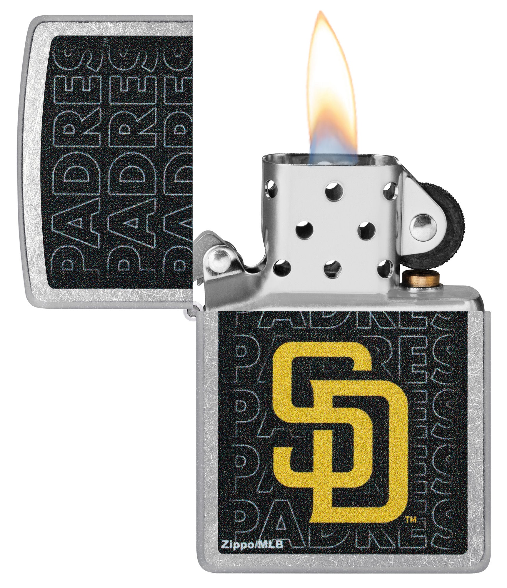 Zippo MLB® San Diego Padres Street Chrome Windproof Lighter with its lid open and lit.