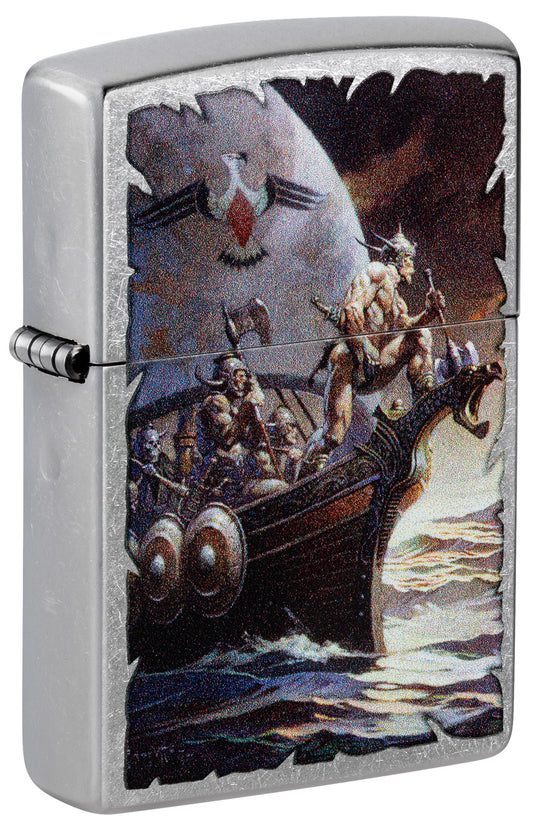 Front view of Zippo Frank Frazetta Street Chrome Windproof Lighter standing at a 3/4 angle.