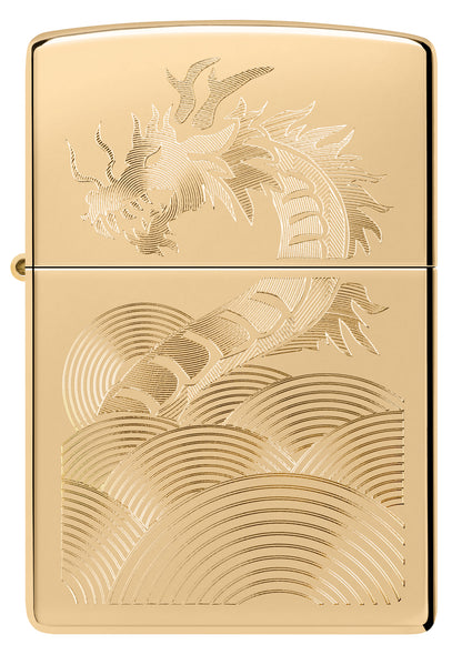 Front view of Zippo Golden Dragon Design High Polish Brass Windproof Lighter.
