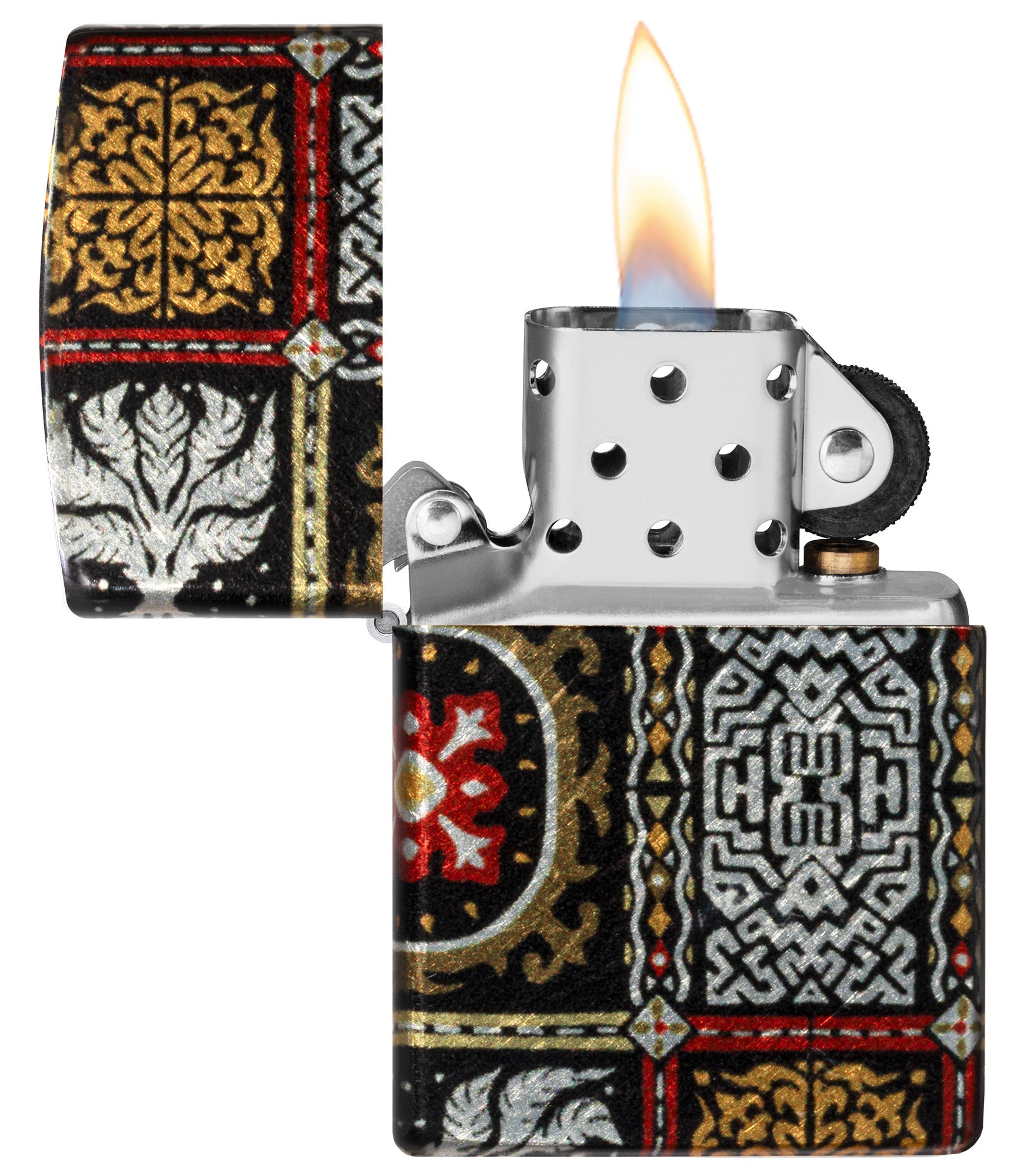 Zippo Tapestry Pattern Design 540 Tumbled Chrome Windproof Lighter with its lid open and lit.