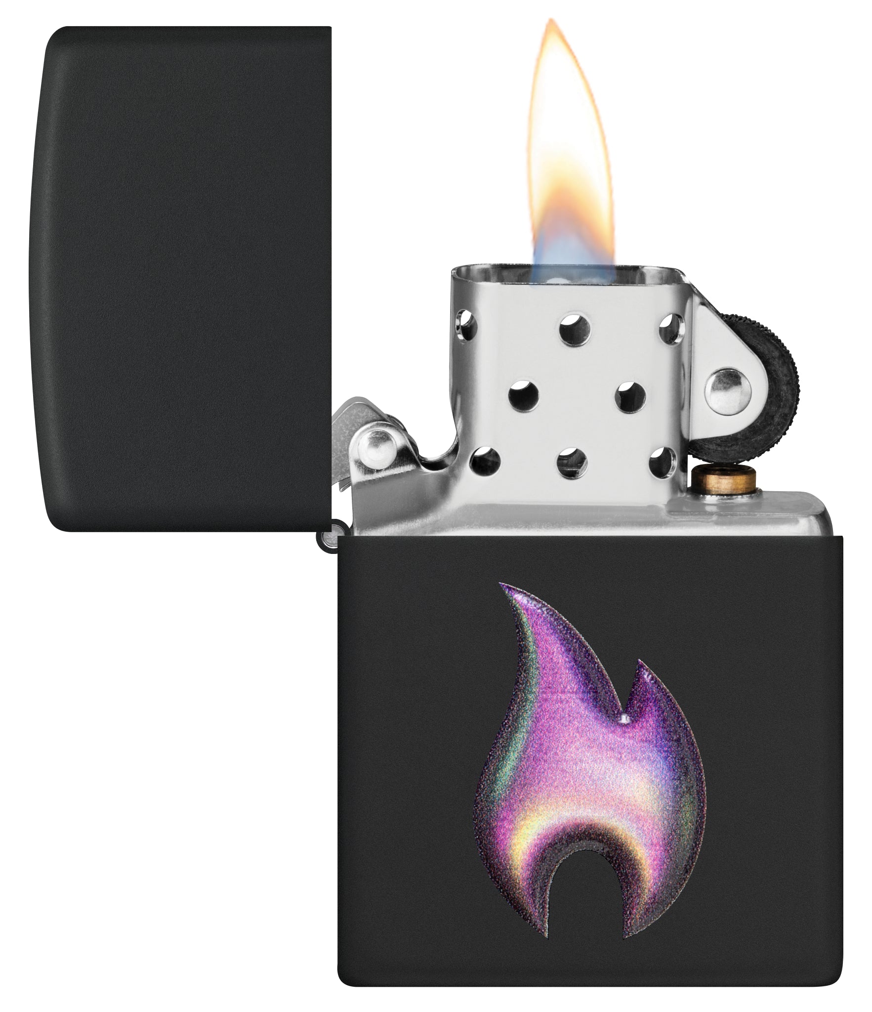 Zippo Texture Flame Design Black Matte Windproof Lighter with its lid open and lit.