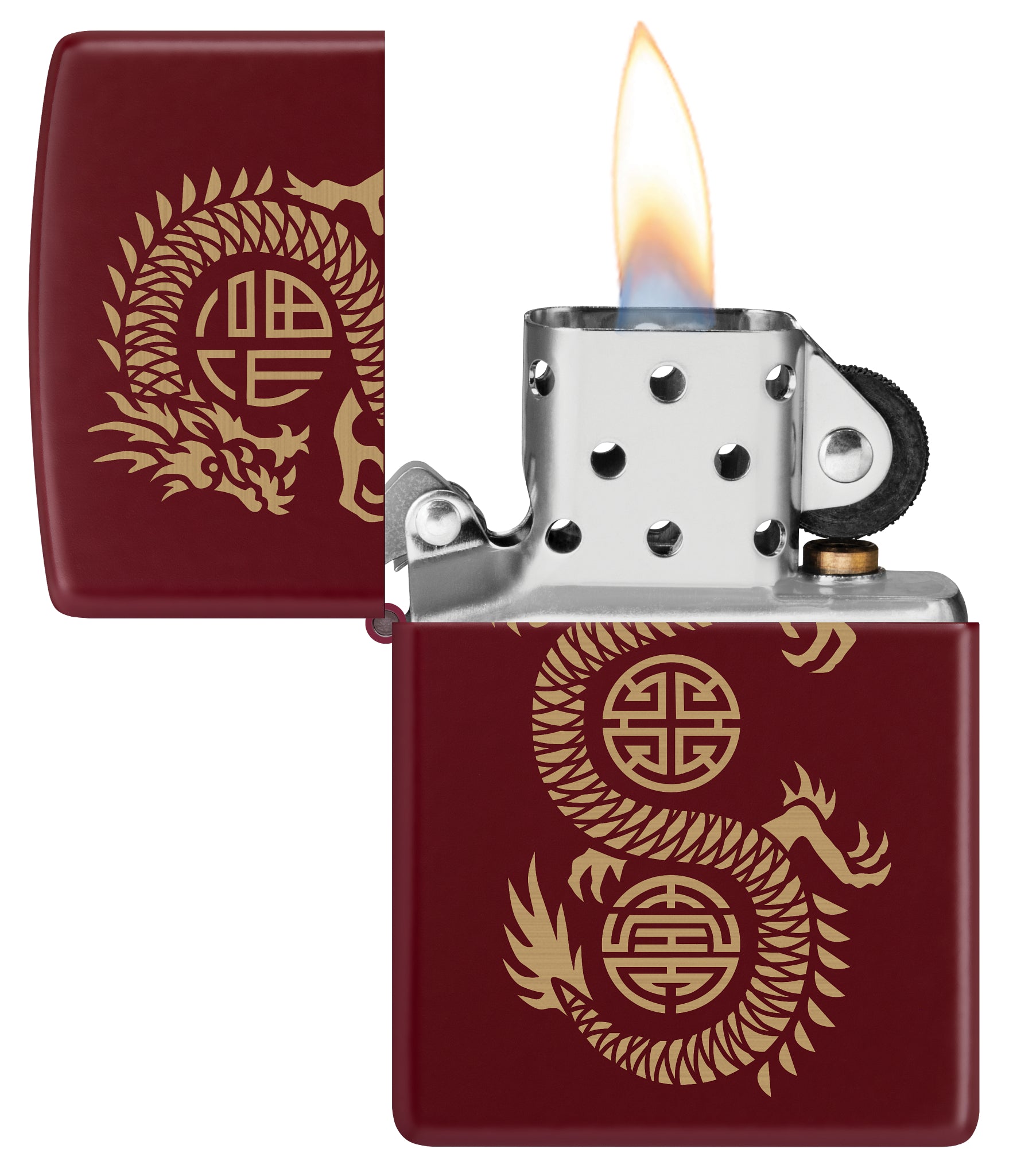 Zippo Lucky Dragon Design Merlot Windproof Lighter with its lid open and lit.