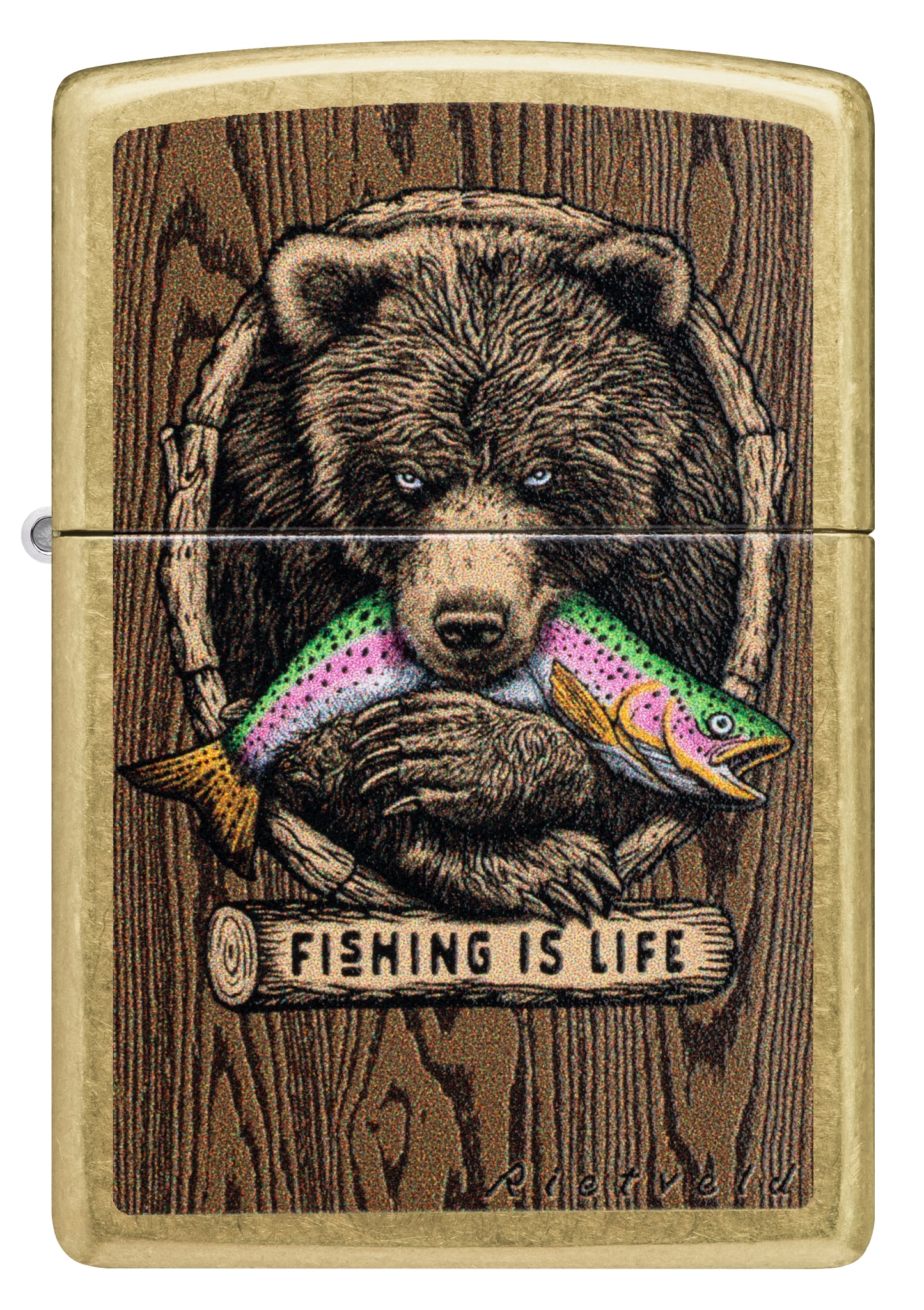 Front view of Zippo Rietveld Fishing is Life Design.