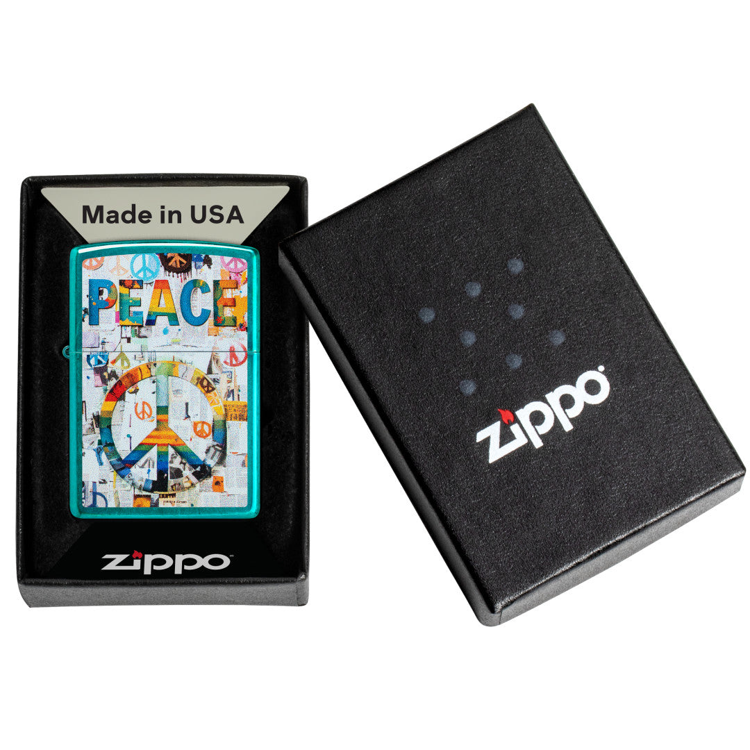 Zippo Peace Collage Design Candy Teal Windproof Lighter – Zippo USA