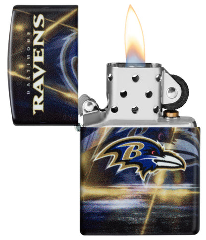 Zippo NFL Baltimore Ravens 540 Matte Windproof Lighter with its lid open and lit.