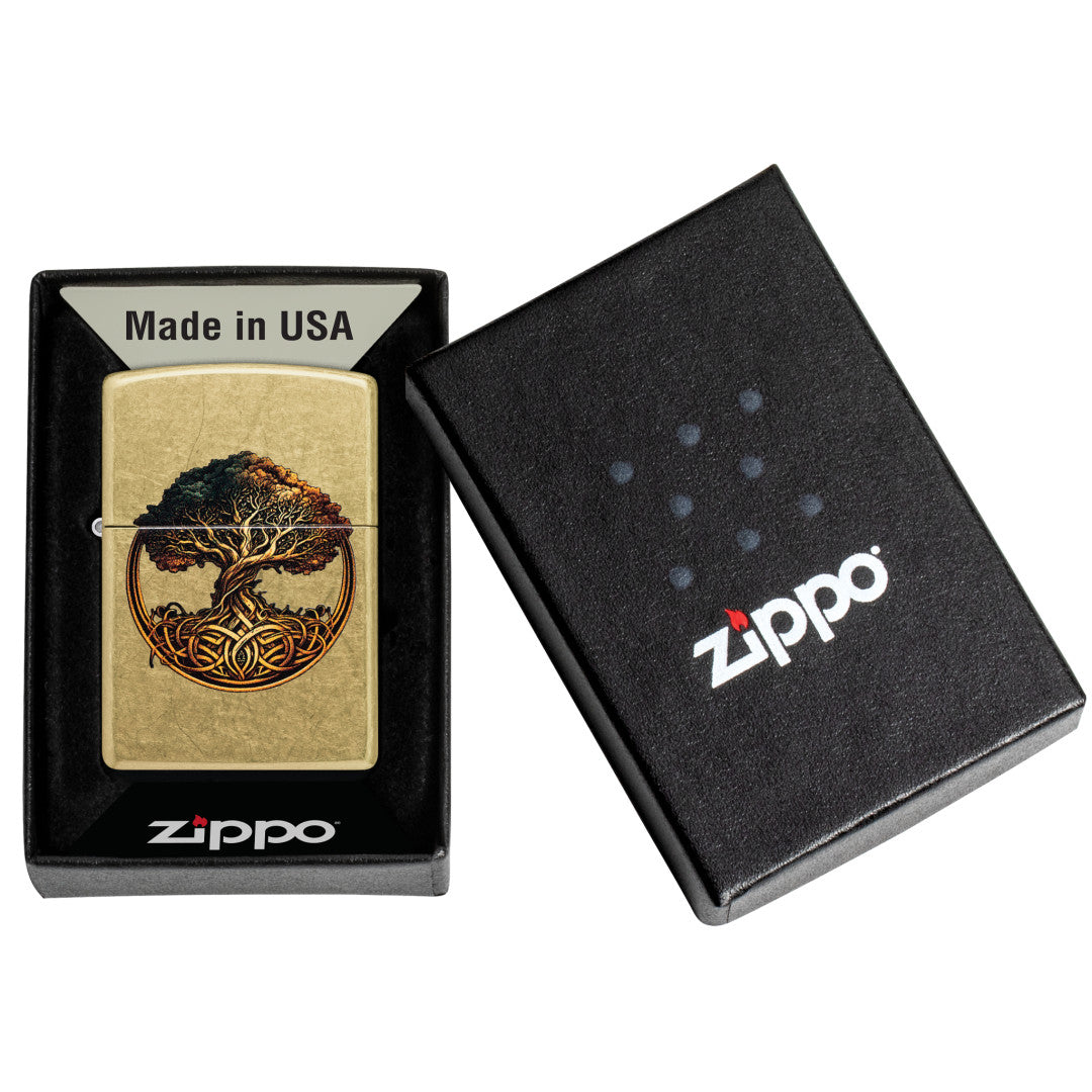 Zippo Knotted Tree of Life Design Street Brass Windproof Lighter in its packaging.