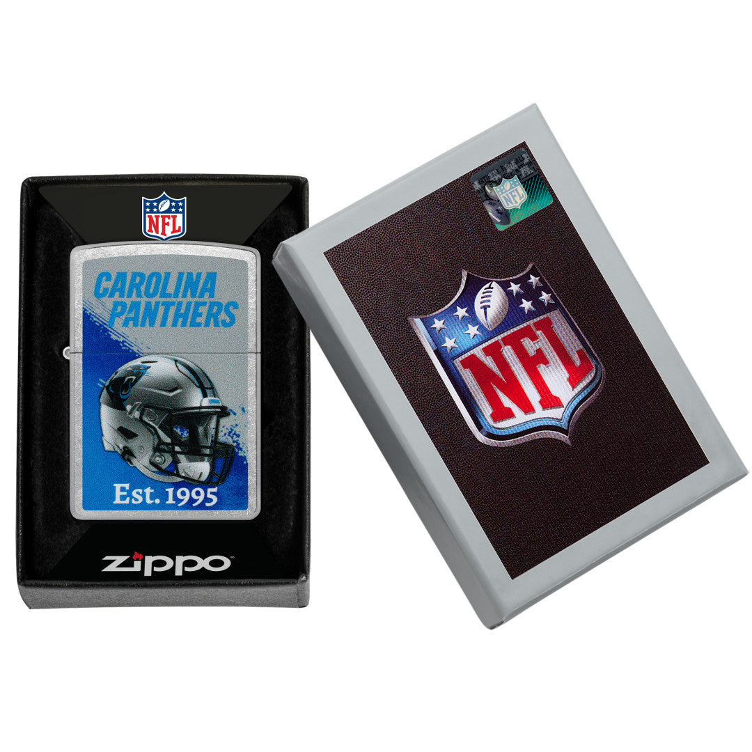 Zippo NFL Carolina Panthers Helmet Design Street Chrome Windproof Lighter in its packaging.
