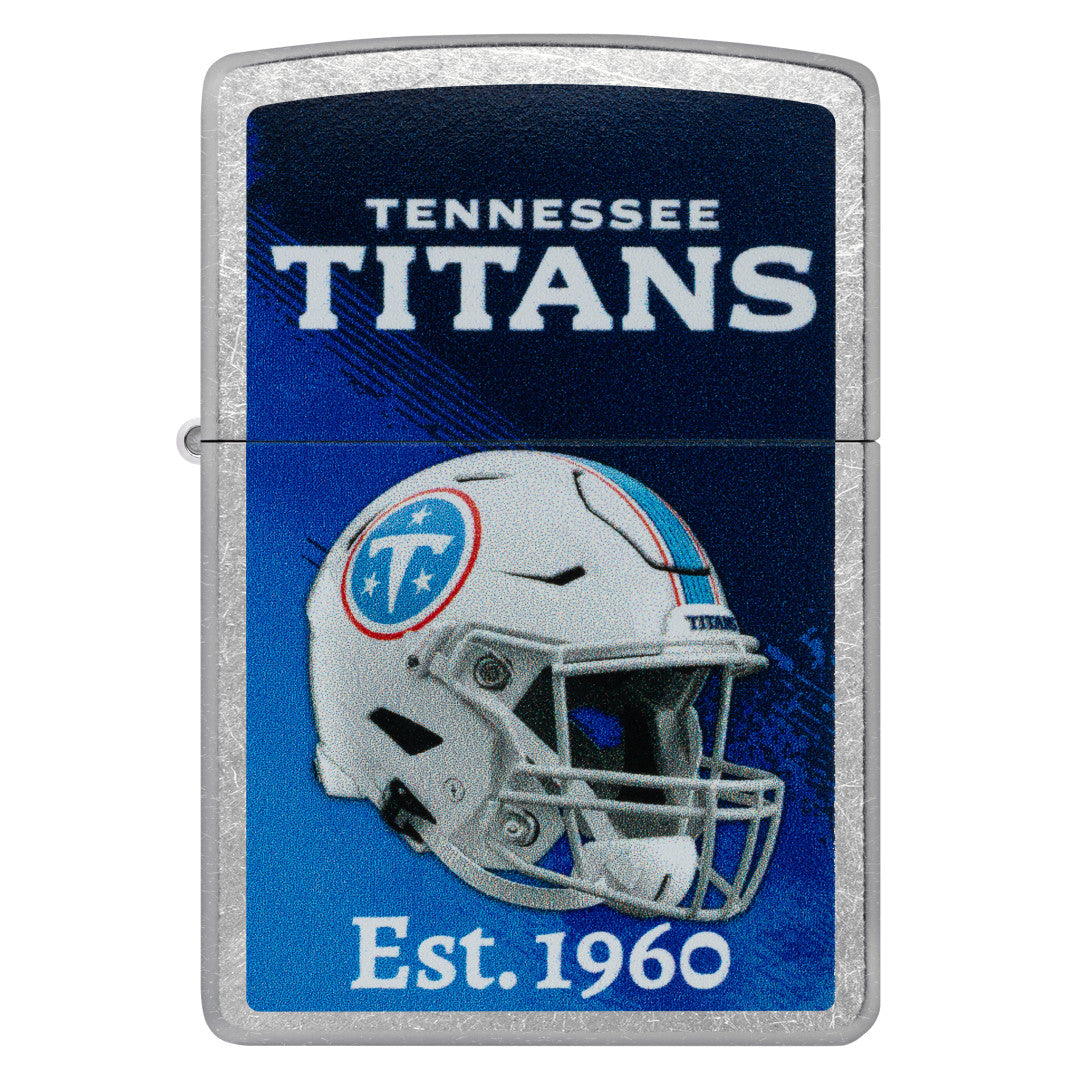 Front view of Zippo NFL Tennessee Titans Helmet Design Street Chrome Windproof Lighter.