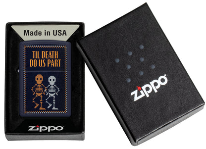 Zippo Til Death Do Us Part Design Navy Matte Windproof Lighter in its packaging.