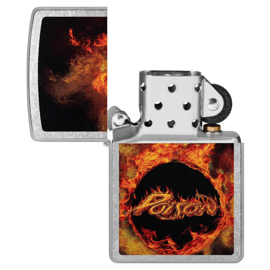 Zippo Poison Flame Design Street Chrome Windproof Lighter with its lid open and unlit.