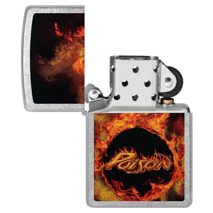 Zippo Poison Flame Design Street Chrome Windproof Lighter with its lid open and unlit.