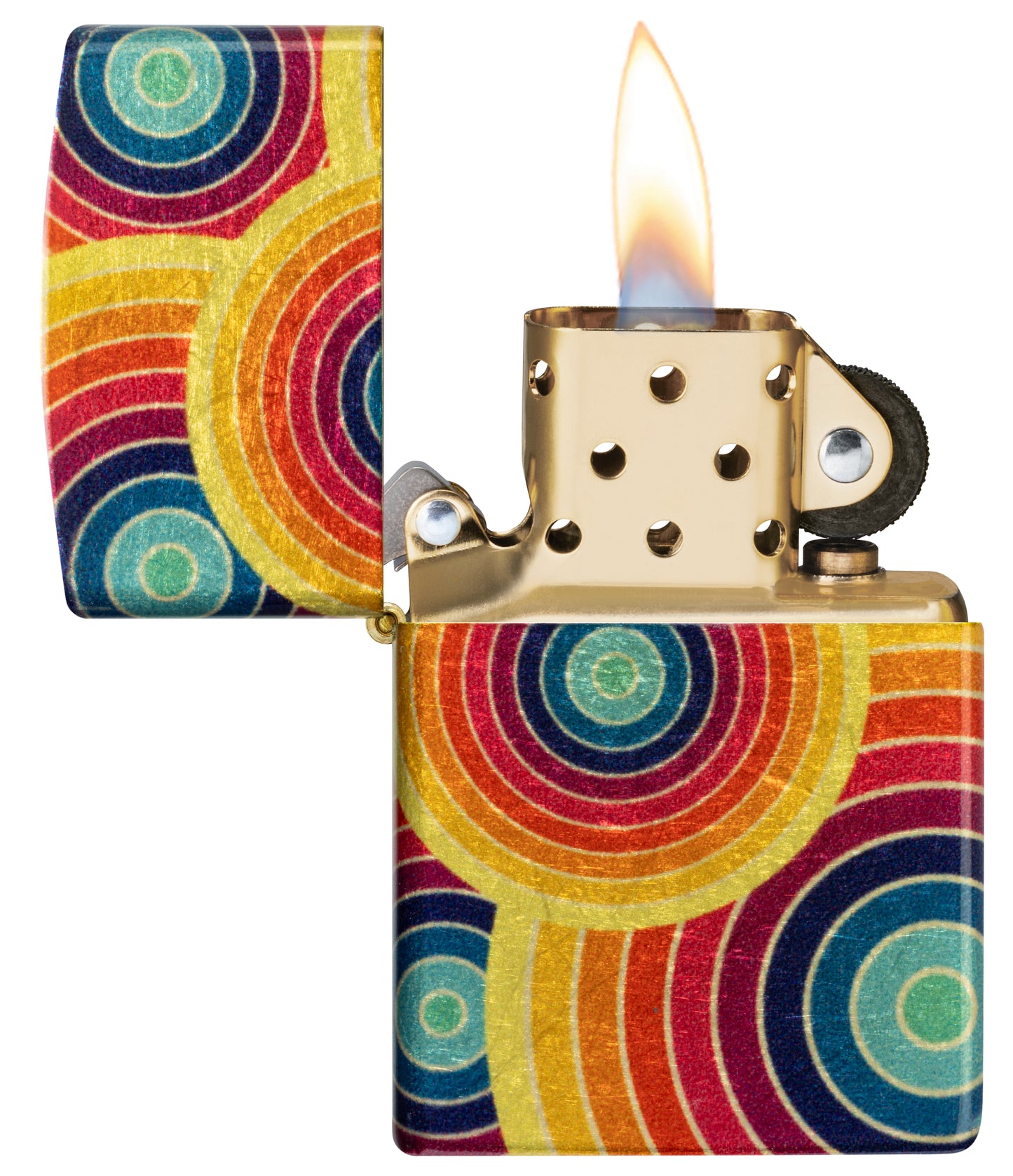 Zippo Funky Fusion Design 540 Tumbled Brass Windproof Lighter with its lid open and lit.