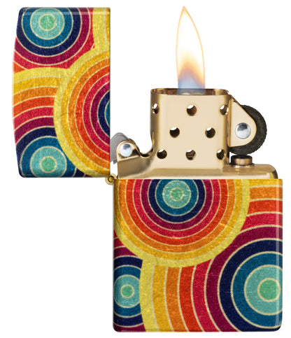 Zippo Funky Fusion Design 540 Tumbled Brass Windproof Lighter with its lid open and lit.