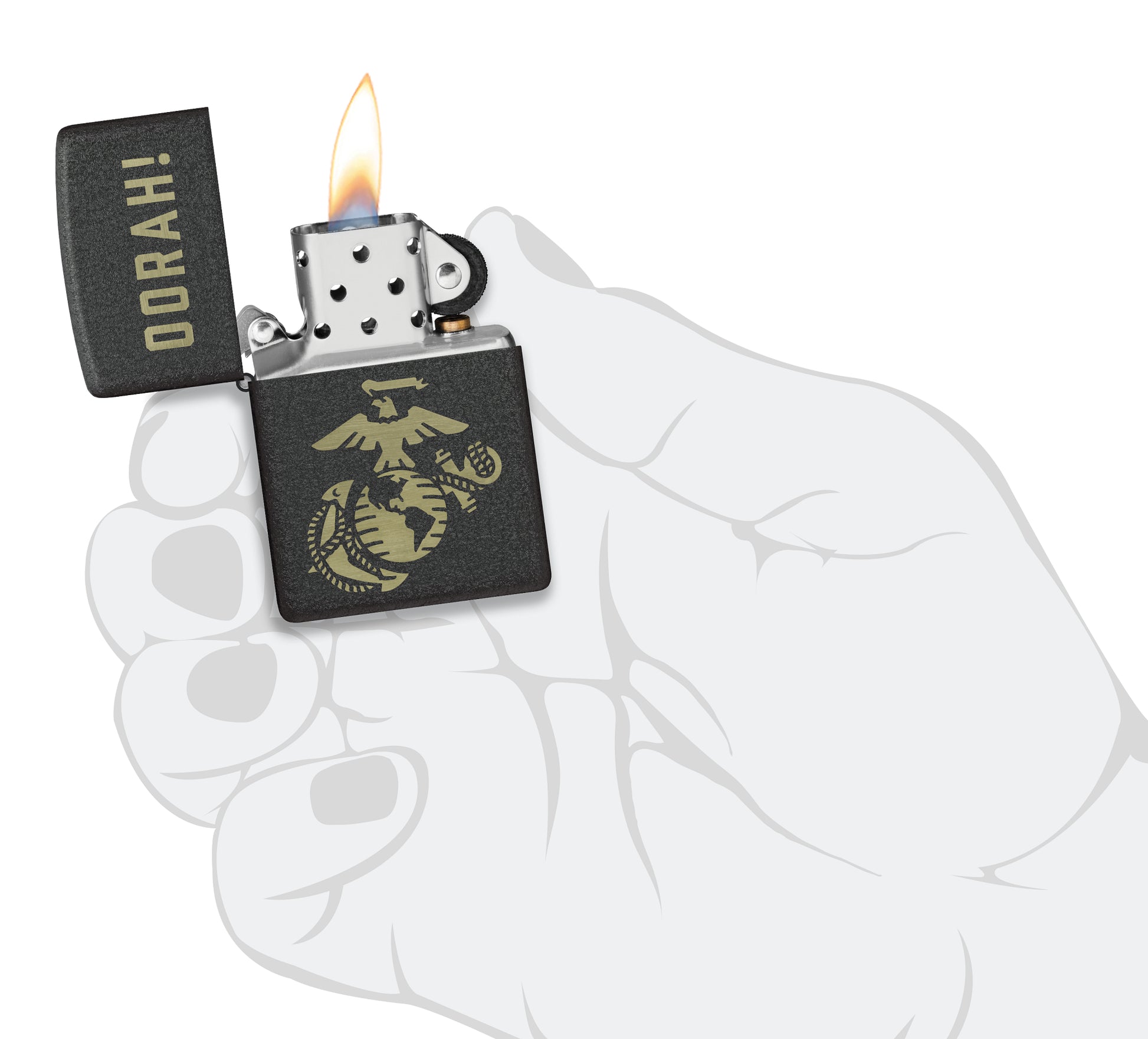 Zippo U.S. Marine Corps Oorah Design Black Crackle® Windproof Lighter lit in hand.
