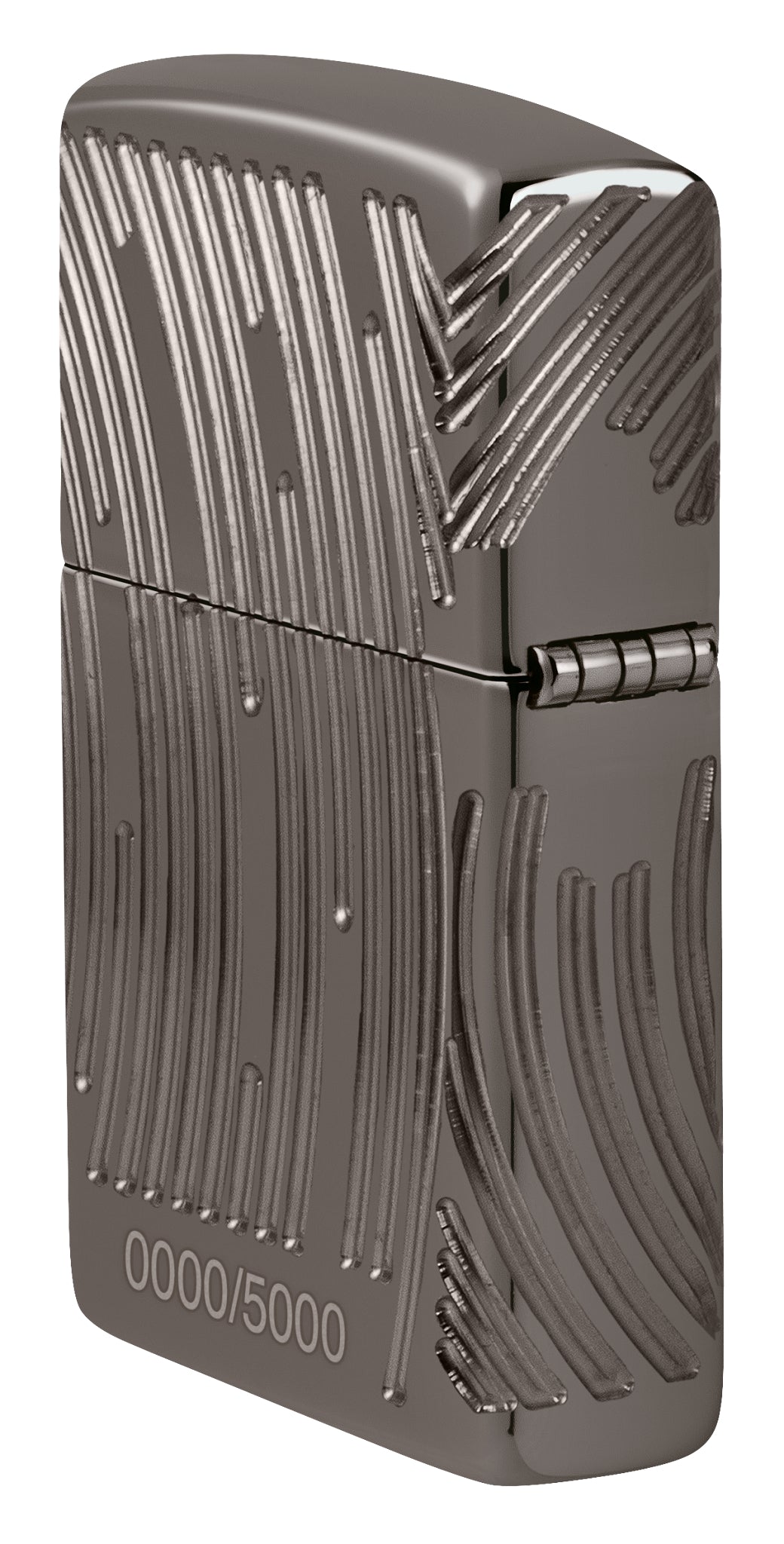 Angled shot of  Zippo 2026 Collectible of the Year Windproof Lighter showing the back and hinge side of the lighter.