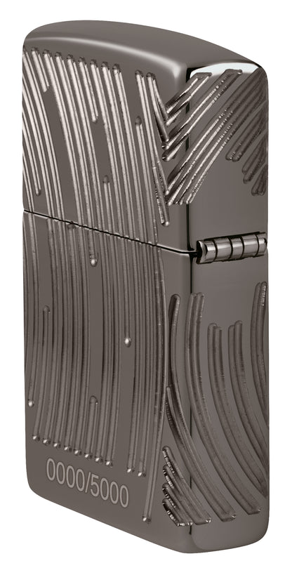 Angled shot of  Zippo 2026 Collectible of the Year Windproof Lighter showing the back and hinge side of the lighter.