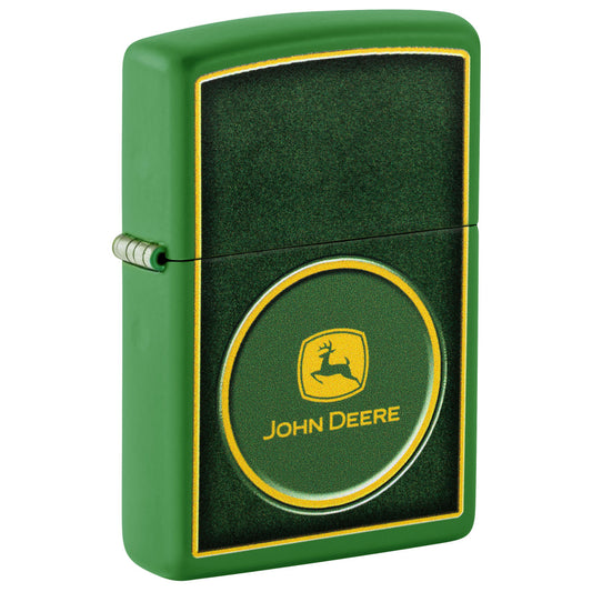 Front shot of Zippo John Deere Turf Design Moss Green Windproof Lighter standing at a 3/4 angle.