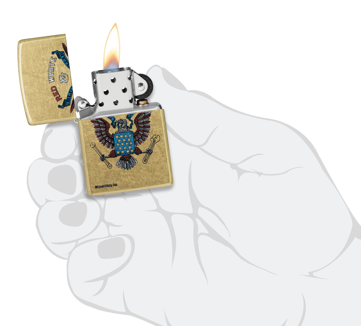 Zippo Buck Wear Red White & Blue Collar Design Street Brass Windproof Lighter lit in hand.