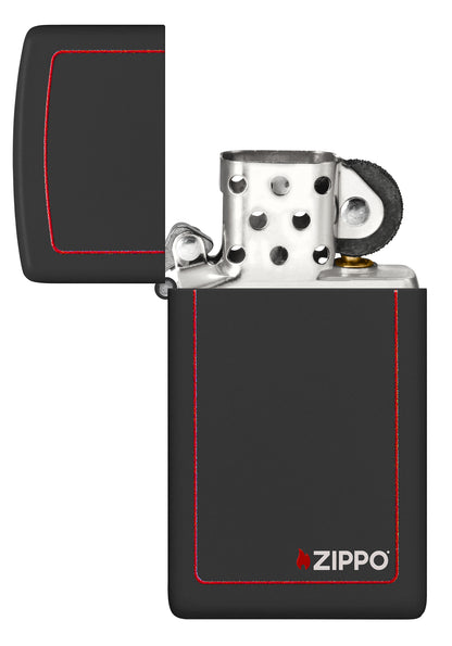 Slim® Black Matte with Red Border Zippo Logo Windproof Lighter with its lid open and unlit.