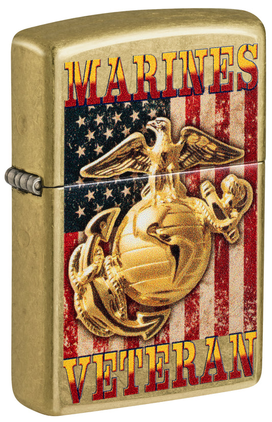 Front shot of Zippo U.S. Marine Corps Veteran Design Street Brass Windproof Lighter standing at a 3/4 angle.