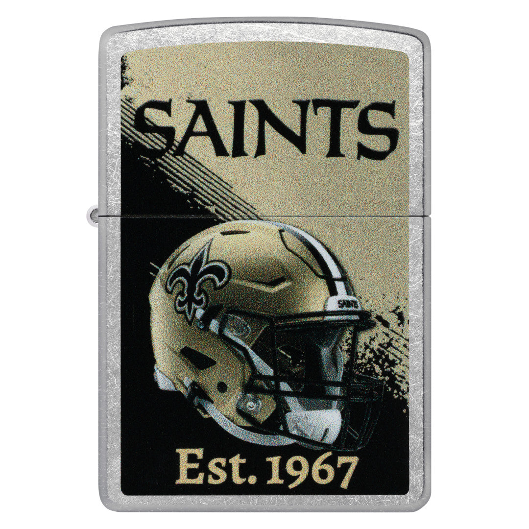 Front view of Zippo NFL New Orleans Saints Helmet Design Street Chrome Windproof Lighter.