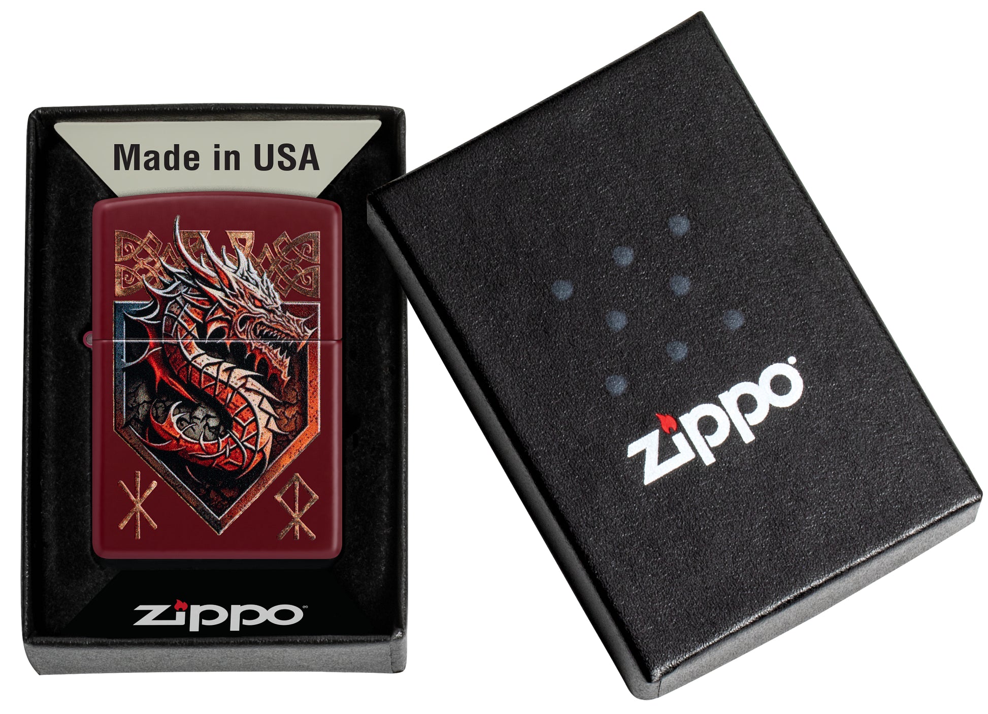 Zippo Dragon Shield Design Merlot Windproof Lighter in its packaging.