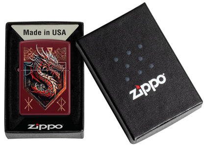 Zippo Dragon Shield Design Merlot Windproof Lighter in its packaging.