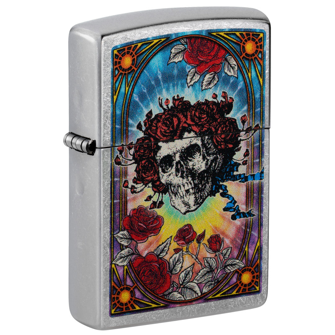 Front shot of Zippo Grateful Dead Bertha Design Street Chrome Windproof Lighter standing at a 3/4 angle.